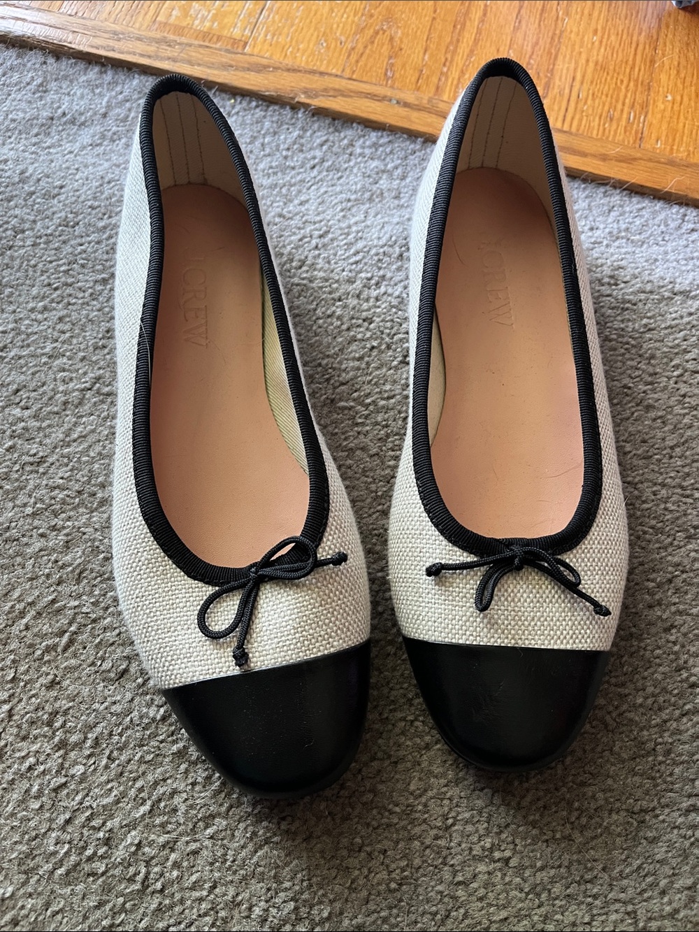 J. Crew Cream Canvas Ballet Flats with Black Cap Toe